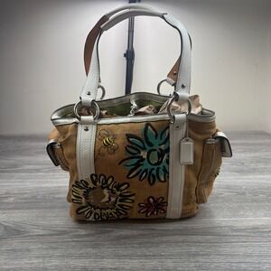 Vintage Coach 9447 Tan Canvas Flowers Bumble Bee Embroidered Tote Shoulder Bag